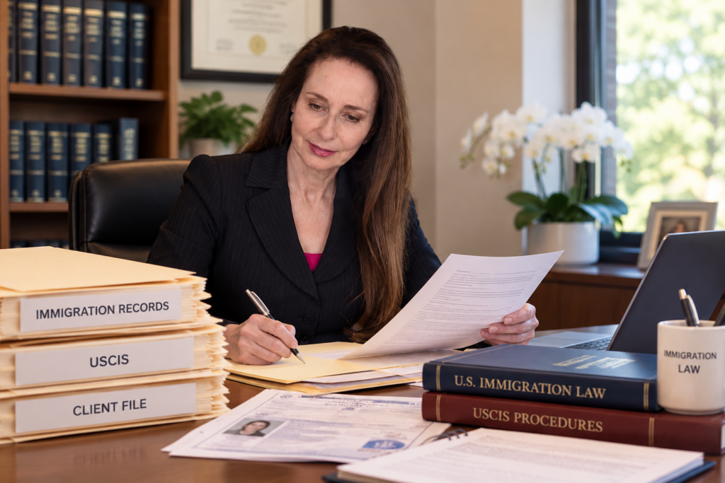 Immigration attorney reviewing old immigration records and documents
